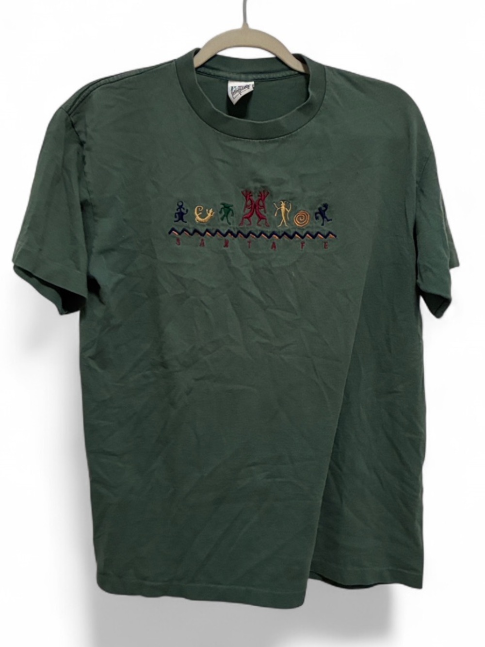 Vintage Santa Fe Tribal Embroidery Green Single Stitch Short Sleeve T-Shirt